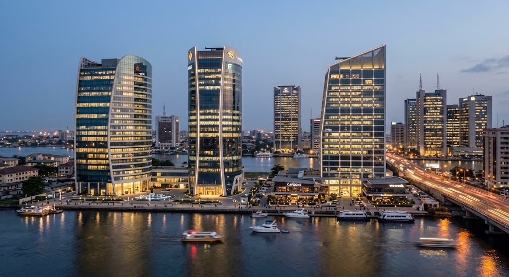 The Victoria Island waterfront in Lagos at dusk, its office towers lit above the lagoon